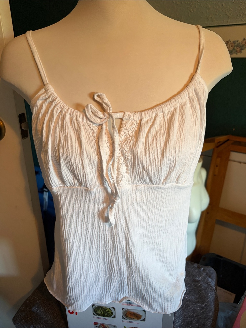 Route 66 White Tie-Front Lace-Trim Camisole